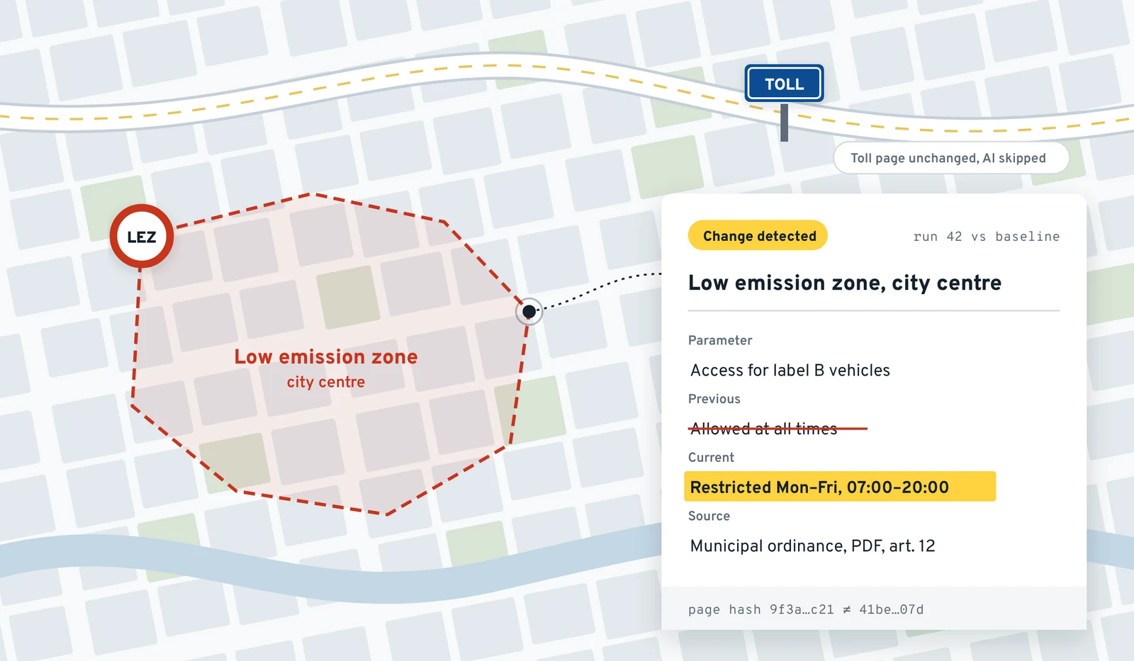Map of a low emission zone and toll road with a change-detected report card